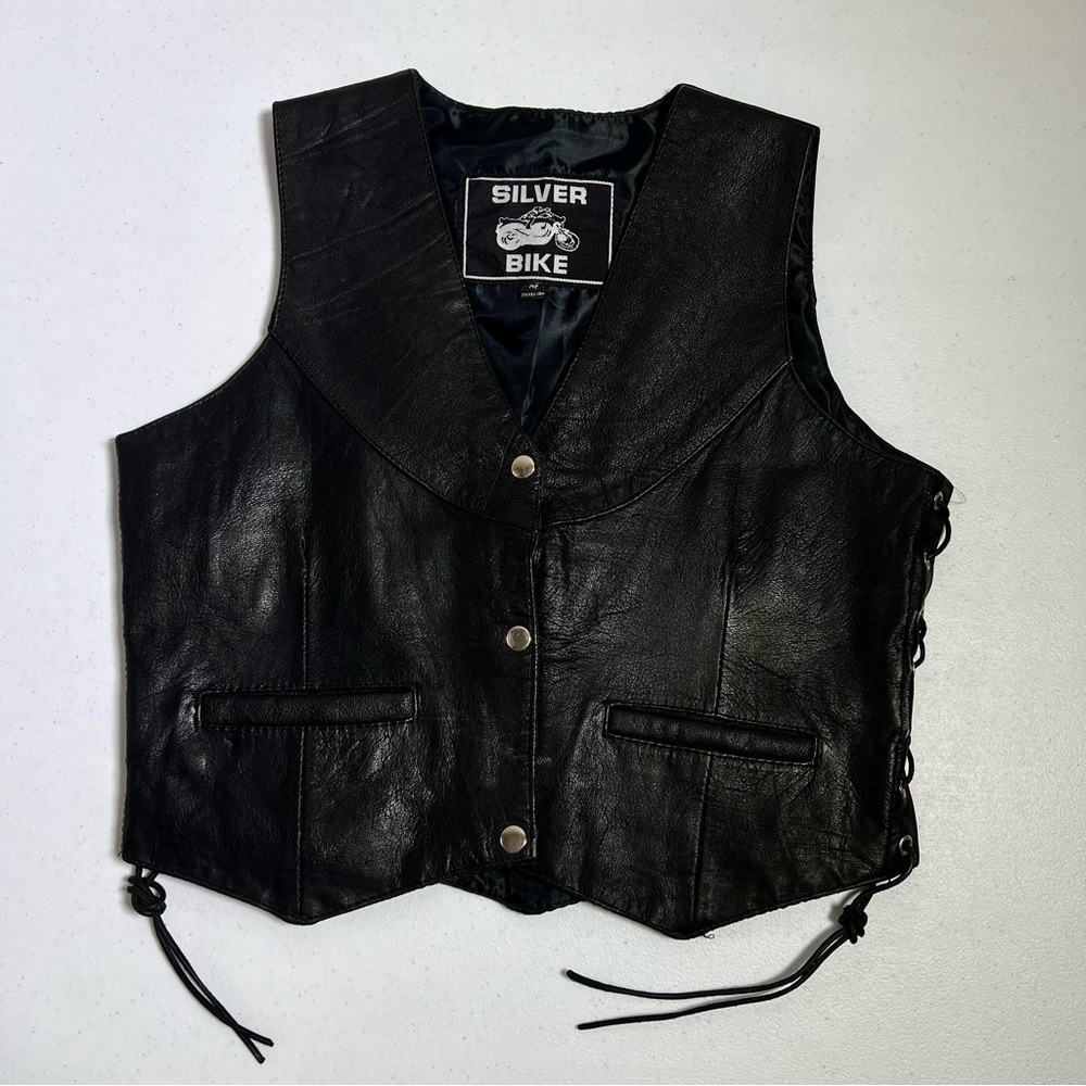 Silver Bike Black Leather Motorcycle Vest